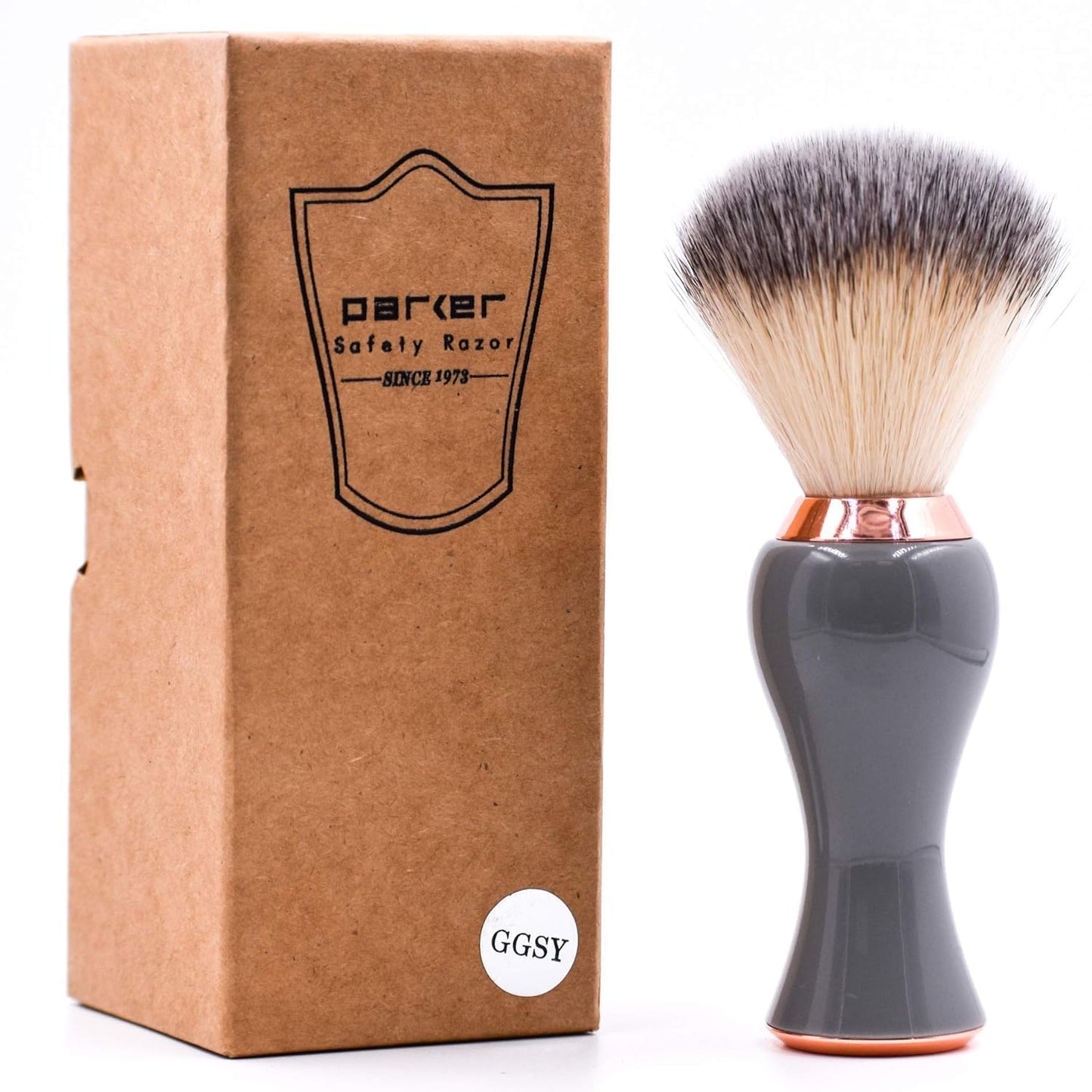 Parker Premium Synthetic Bristle Shaving Brush with Stand - Super Soft Bristles for Sensitive Skin - Deluxe Gray and Rose Gold Handle - Shaving Brush for Men & Women