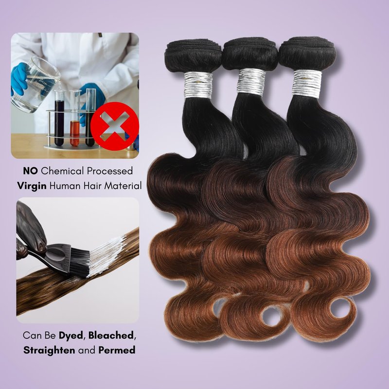 AUROO T1B/2/30 Chestnut Brown Ombre Human Hair Bundles Body Wave, 10A Thick Track 100% Virgin Human Hair Bundles Dark Roots Bundle 3 Tone Ombre Medium Auburn Colored Single Bundle Quick Weaves 12 Inch