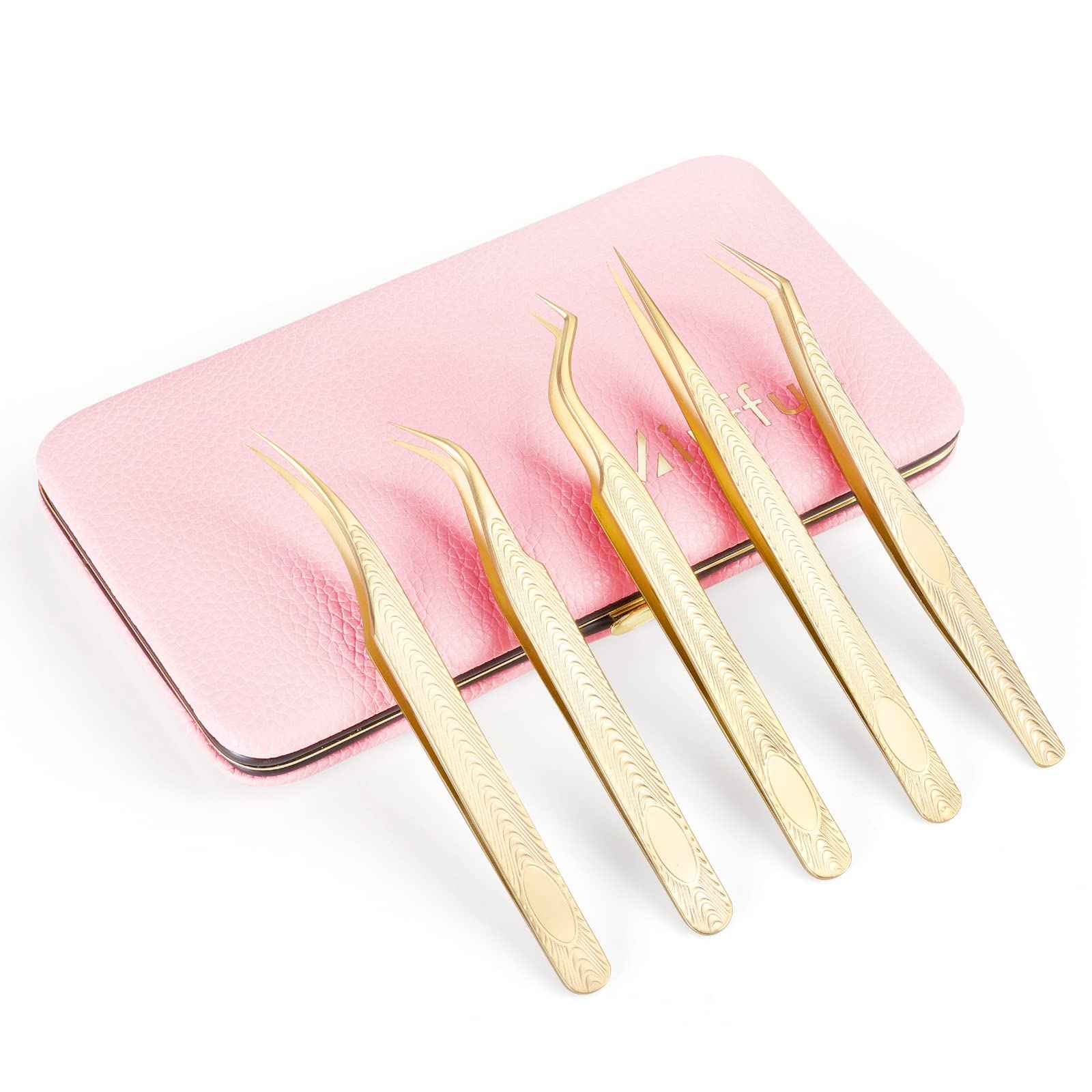 Miuffue 5 PCS Lash Extension Tweezers Set, Stainless Steel Professional Eyelash Extension Tweezers for Volume, Isolation and Classic Lashes