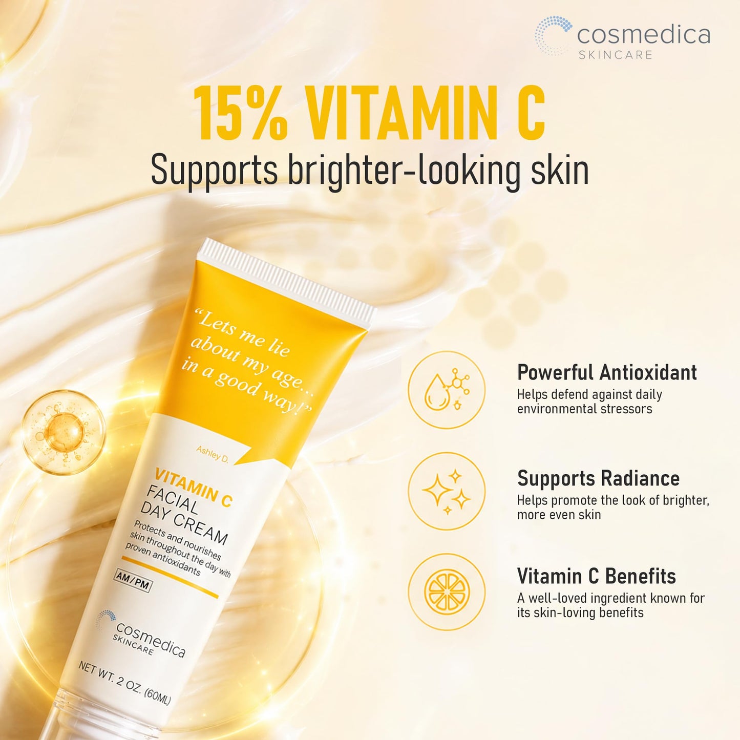 Cosmedica Skincare Vitamin C Facial Moisturizer – 15% Vitamin C Facial Day Cream - 2 ounces – Protects and nourishes skin throughout the day – Vegan, Cruelty Free Skincare