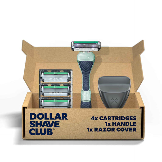 Dollar Shave Club | Acne Friendly Shave Set | 4 Refill Cartridges with Sliptech(TM) Guardbar, 1 Handle, 1 Razor Cover