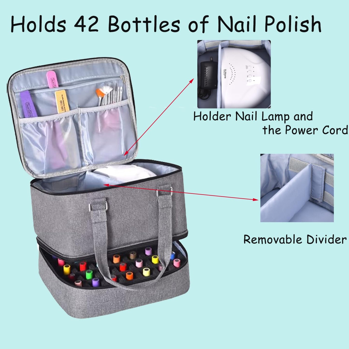 Quoyiyo Nail Polish Organizer - Holds 30 Bottles & Nail Lamp, Double-Layer Nail Organizers and Storage, Nail Polish Bag with Handle Nail Travel Case for Nail Tech (Black)