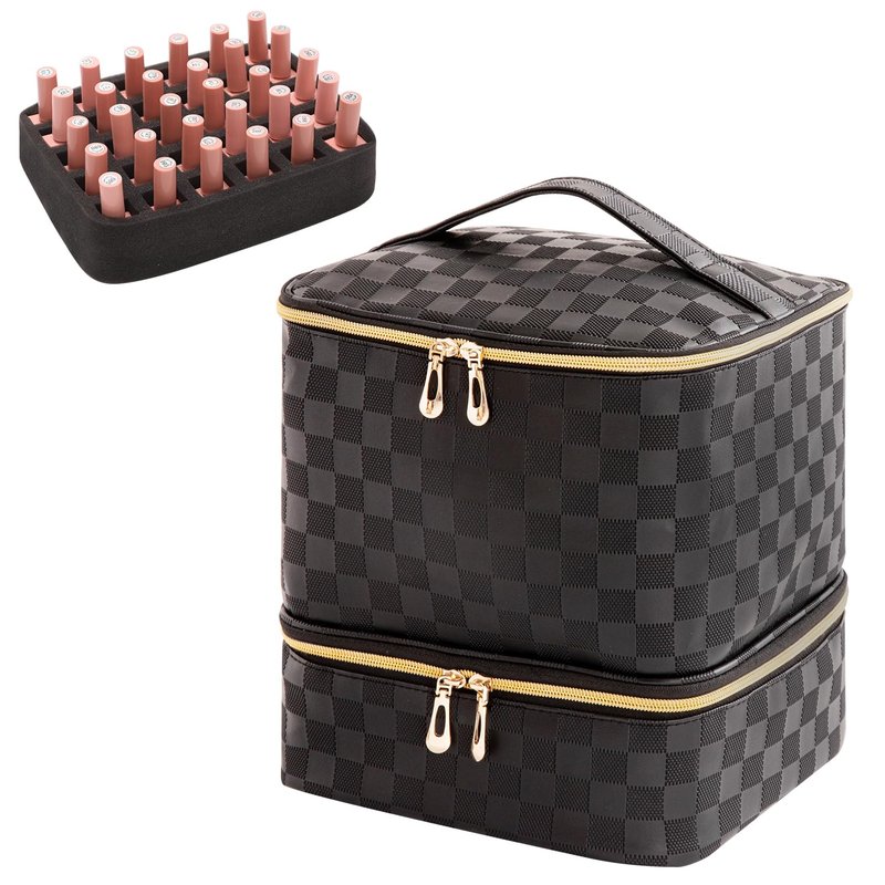 AFUOWER Nail Polish Organizer Bag with Handles - Holds 30 Bottles (15ml - 0.5 fl.oz)，Travel Case Portable Storage Bag for Manicure Set (Checkered Black)