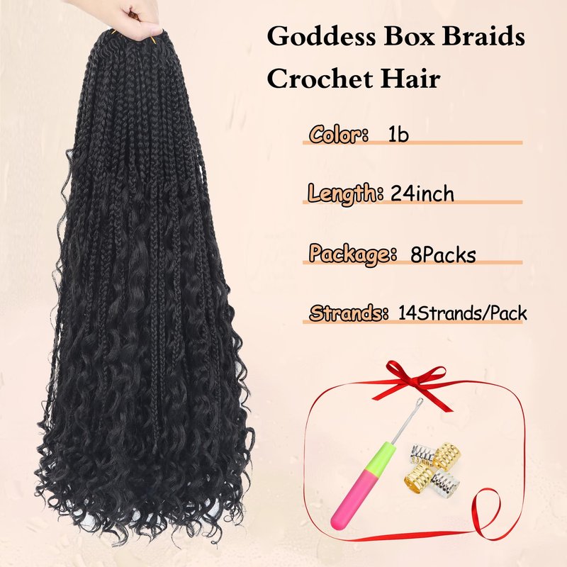24 Inch Boho Braids Crochet Hair Pre Looped Bohemian Crochet Box Braids with Curly Ends, 8 Packs Goddess Box Crochet Braids for Black Women Long 3X Boho Crochet Braids Synthetic Braiding Hair 1B