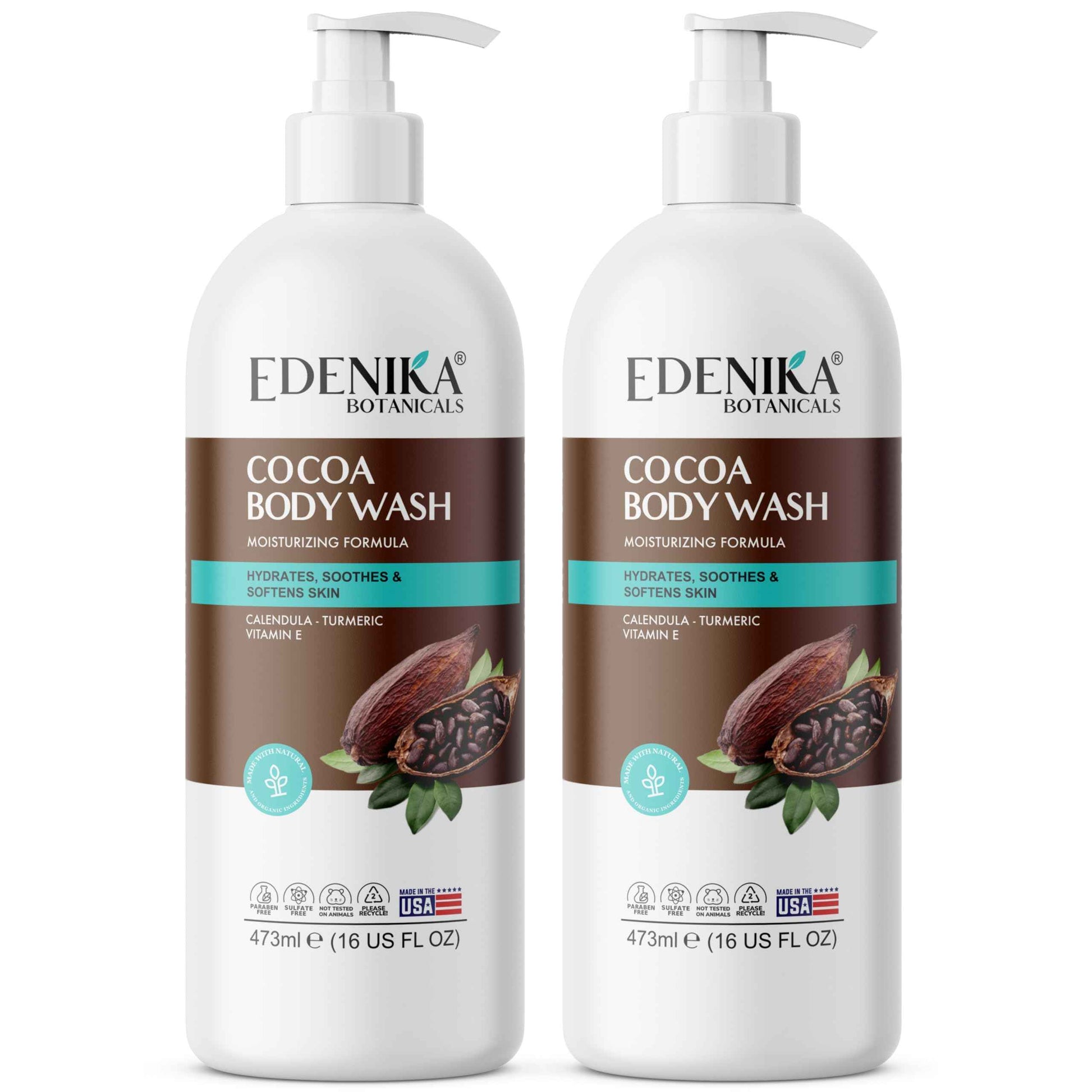 EDENIKA BOTANICALS Cocoa Butter Body Wash, Cleanses, Hydrates & Nourishes, Deep Moisturizing Shower Gel for Dry and Sensitive Skin, Women & Men, Organic & Natural, 16 fl oz, 2-Pack