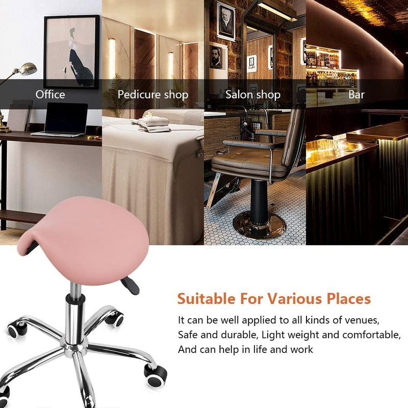 Adjustable Rolling Saddle Stool - PU Leather Swivel Salon Chair with Wheels | Pink