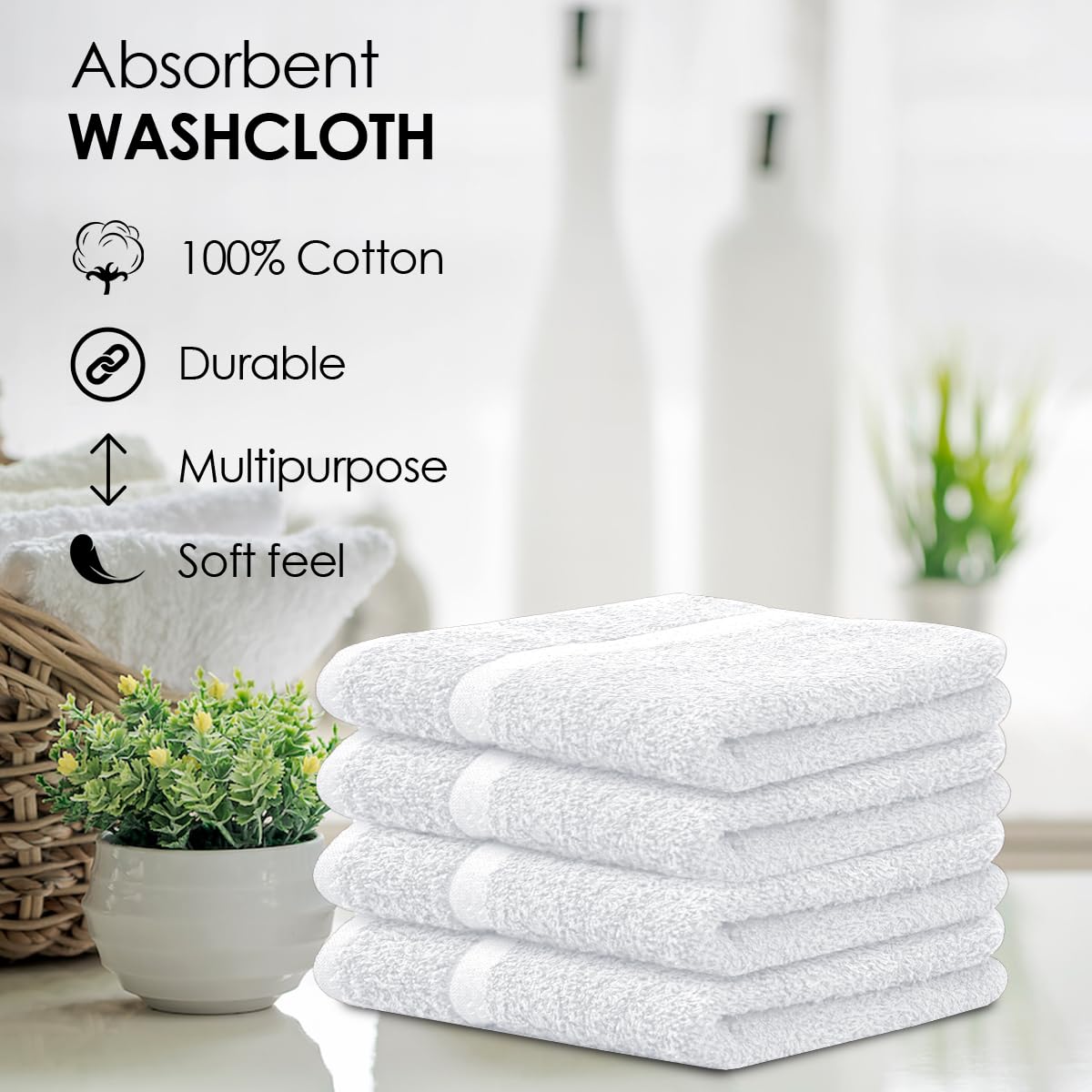 Avalon Towels Wash Cloths for Showering 48 Pack 100% Cotton White Washcloths Bulk 12x12 Wash Rags, Facial Towel, Face Towels for Body, Bath Washcloth, Fingertip Towel