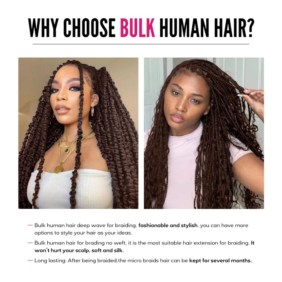 #4 Braiding Hair Deep Wave Bulk Chocolate Brown Boho Braids Human Hair for Braiding 2 Pcs Total 100g 18 Inch Chocolate Brown Color #4 Bulk Bundles Brazilian Virgin