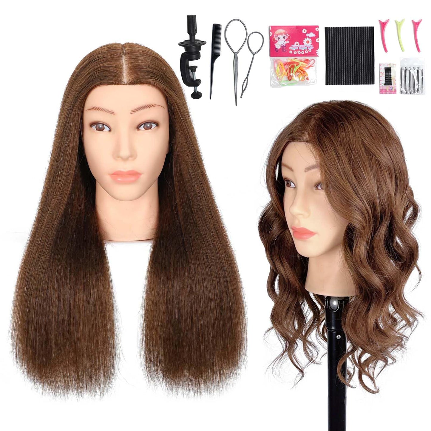MQHIHI Mannequin Head Human Hair, 100% Real Hair Cosmetology Manikin Head for Practice Braiding Hairstyling Cutting with Free Clamp Holder and Tools (100% Brown)