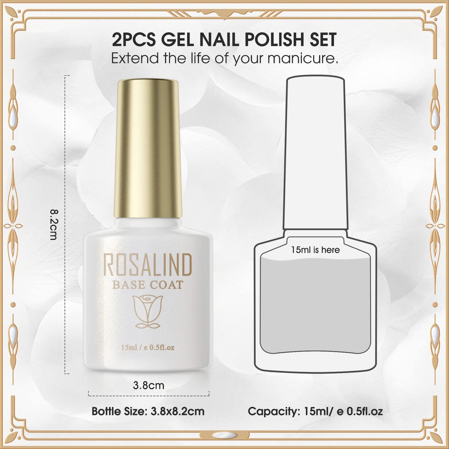 ROSALIND 2 PCS No Wipe Gel Top Coat and Base Coat Set Soak Off LED Nail Lamp Clear Base Top Gel Nail Polish Set