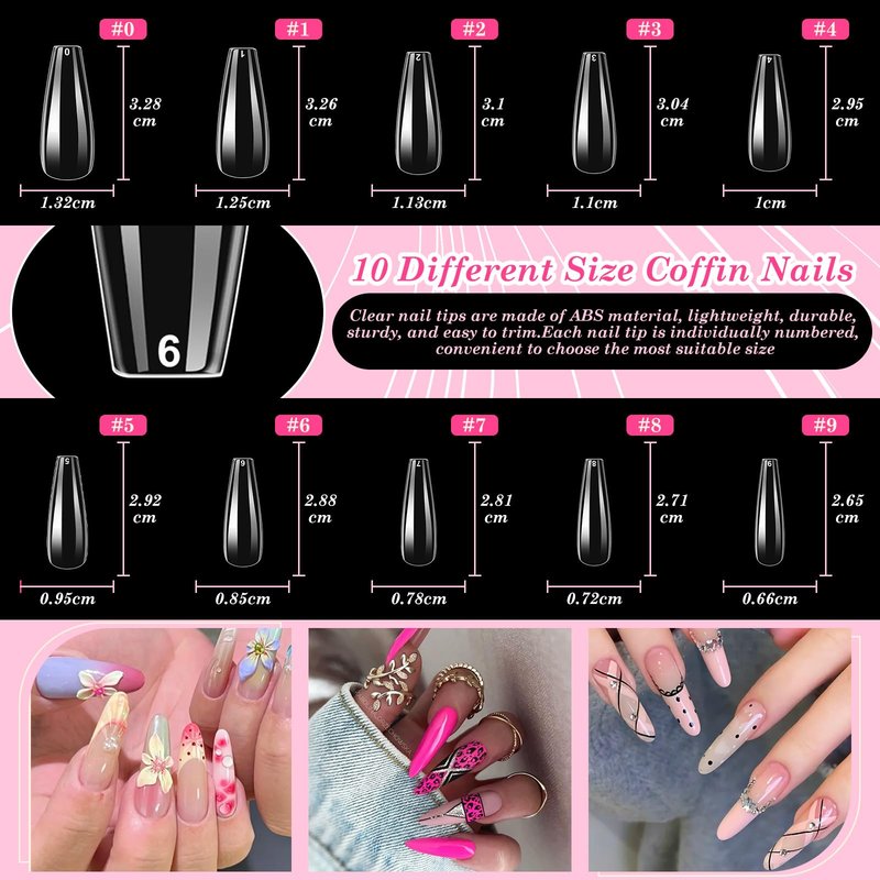 Acrylic Fake Nails Kit Press On Nail Kit with Clear Coffin Nail Tips Nail Display Stand Sequins Sticker Rhinestones Decorations Nail Glue Nail Clay Fine Glitter DIY Nail Art Tool and Supplies