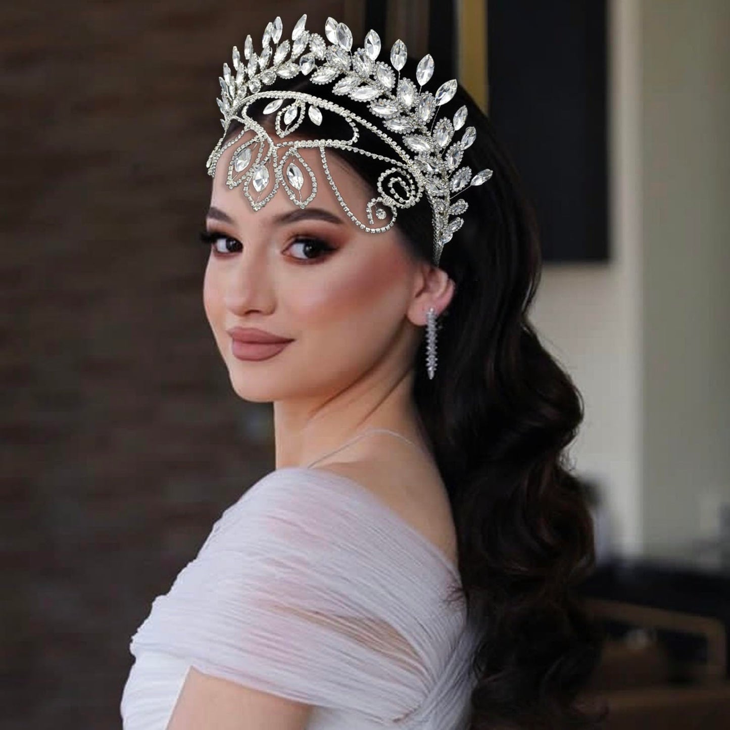 Mpoikba Rhinestone Bride Headband, Wedding Headpiece for Brides（Silver)