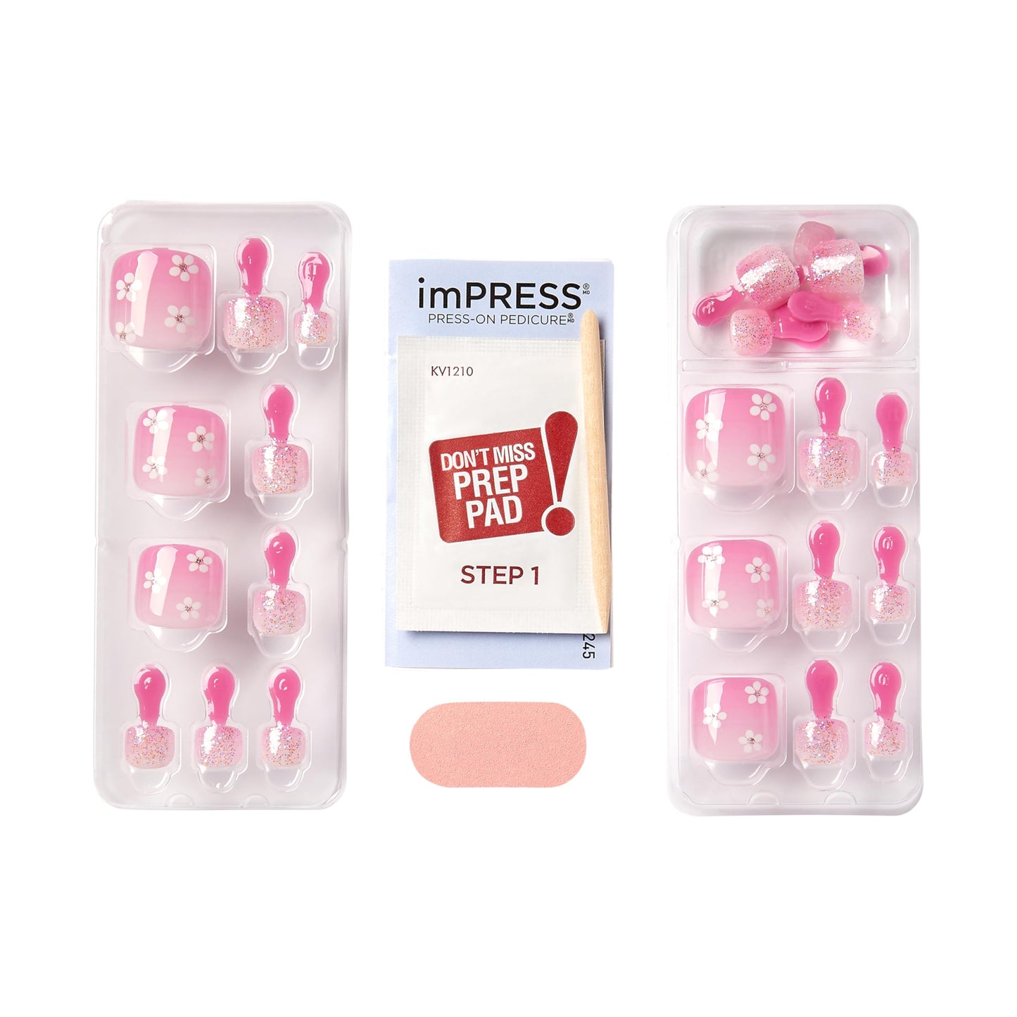 KISS Impress No Glue Pedi 30 Pcs Press on Toenails, Pink Stick on Extension False Nails for Toes, Peel & Press Easy Apply, Hassle-Free Removal, Includes Manicure Stick, Prep Pad & File