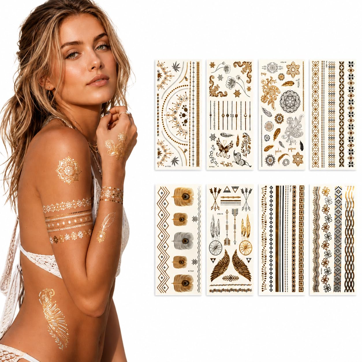 Muulaii 8 Sheets Gold Tattoos Temporary, Long Lasting Metallic Tattoos