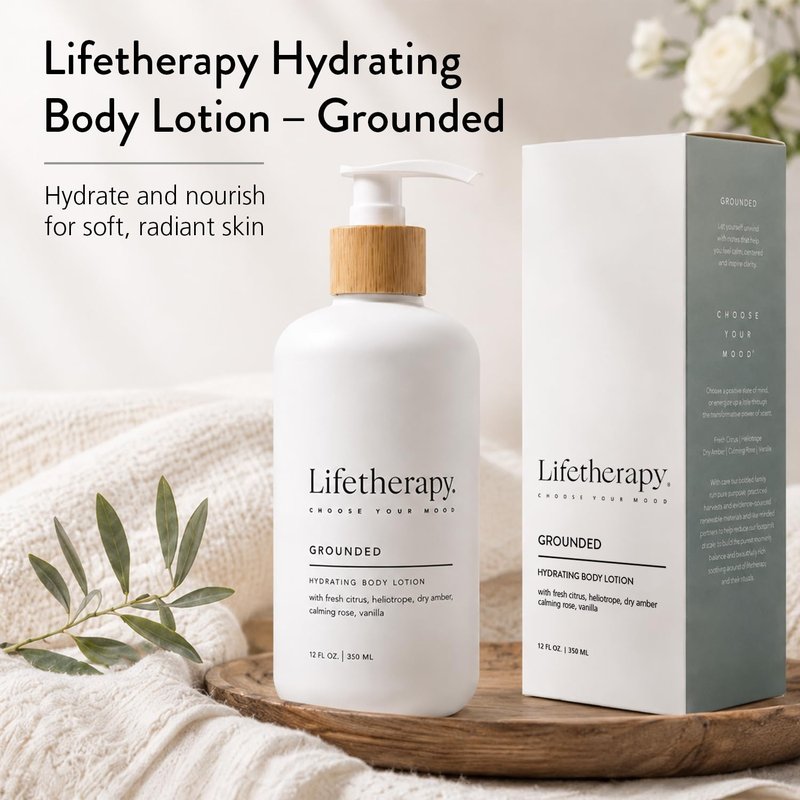 Lifetherapy Body Lotion for Dry & Sensitive Skin, Hydrating Lightweight Non-Greasy Moisturizer, Vegan Gluten Free Clean Beauty, Grounded Fragrance, Daily Use for Women & Men 12oz