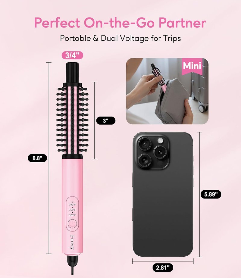 Mini Thermal Brush - 3 Temperature Adjustable Heated Round Brush for Short Hair | Travel Size Curling Iron, Pink 3/4 Inch
