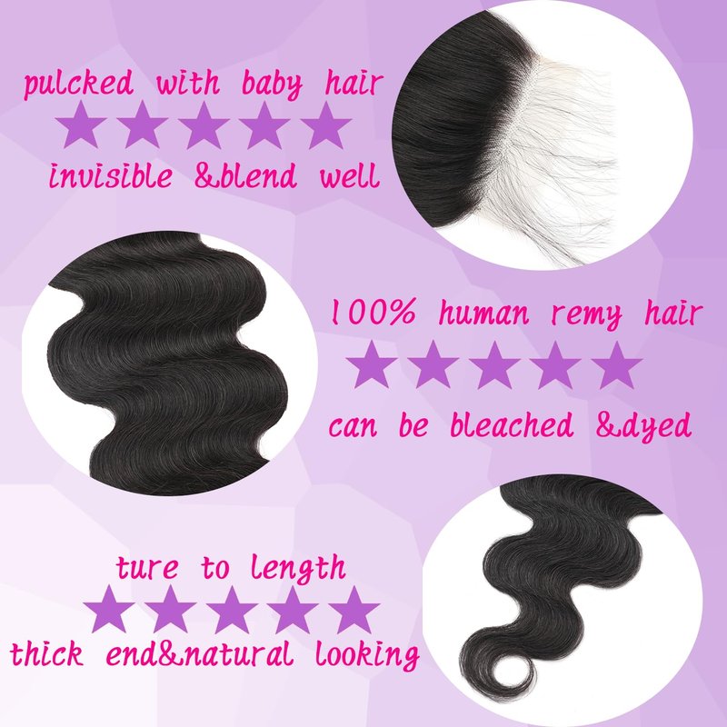 FEHOKA 4x4 Human Hair Lace Closure 16 Inch Body Wave 4x4 Human Hair Closure Can be Curly and Dyed Middle Part 100% Human Hair Closure With Baby Hair (16 Inch, 4x4 Black)