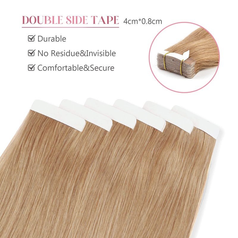 Sixstarhair Strawberry Blonde Tape in Hair Extensions Remy Human Hair Double Side Tape Attached Invisible Hair Extensions 20 Pieces [Color 27 Strawberry Blonde 16inch]