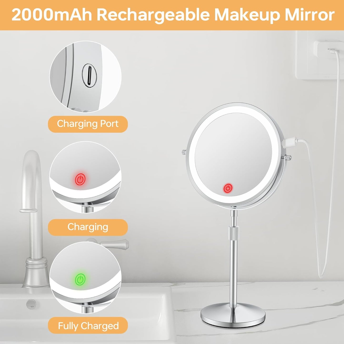 Lighted Makeup Mirror - Height-Adjustable 1X/20X Magnification | 360° Swivel, Dimmable 3 Color Options, Perfect Gift for Women