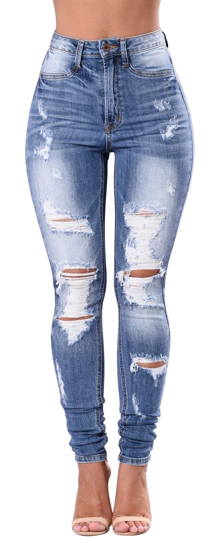 Women's High Waisted Distressed Stretch Jeans - Ripped Butt Lift Denim Pants, Light Blue, Size 2