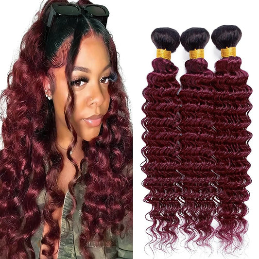 24 26 28 inch 1b99j Burgundy Bundles Human Hair Burgundy Deep Wave Bundles Double Weft Human Hair Bundles Two Tone Black To Wine Red Deep Wave Unprocessed Brazilian Hair Extensions