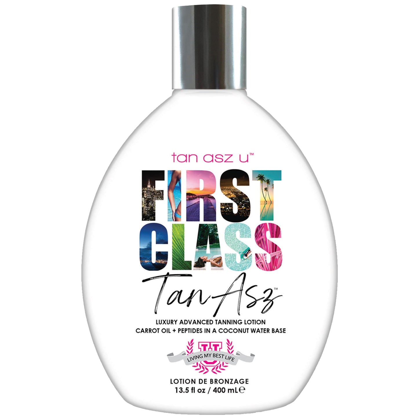 Tan Asz U First Class Tanning Lotion, Luxury Advanced Carrot Oil & Peptide Bronzing Blend in a Coconut Water Base with Inktuition Tattoo Complex, 13.5 Fl Oz