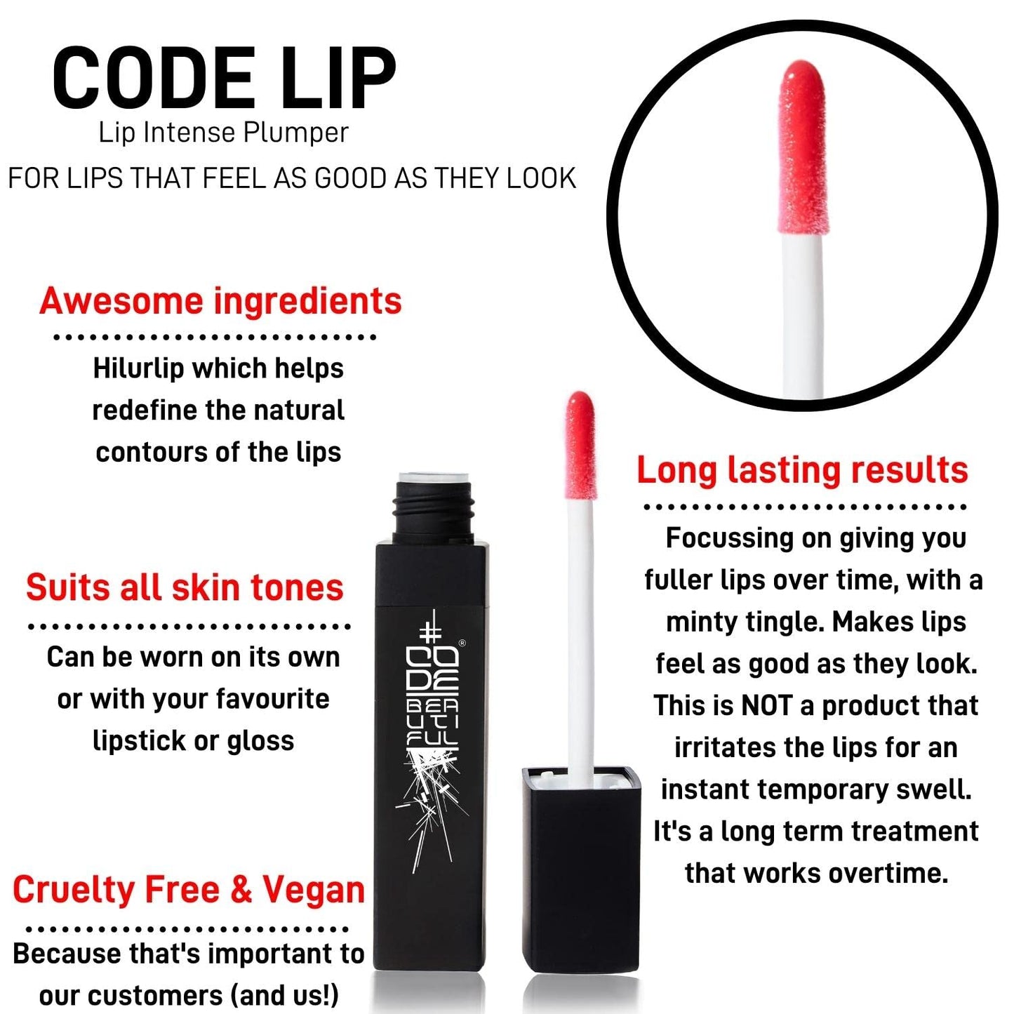 CODE Beautiful Lip Plumping Treatment Gloss for Fuller Plumper Lips | Long Lasting | Hyaluronic Acid Infused | Vegan & Cruelty Free | Lip Intense Plumper 7ml
