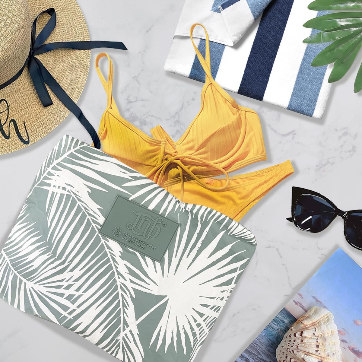 JNB 100% Coated Tyvek Material Palm Leaves Design Beach Pouch, Waterproof Pouch for Beach, Makeup Pouch, Wet Dry Bag, Sag03