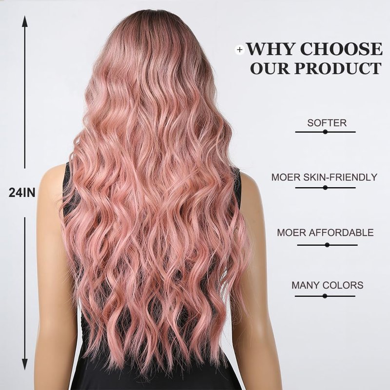 Esmee Long Wavy Pale Pink Wigs for Women Natuaral Synthetic Hair Heat Resistant Ombre Wig for Daily Party Cosplay Use