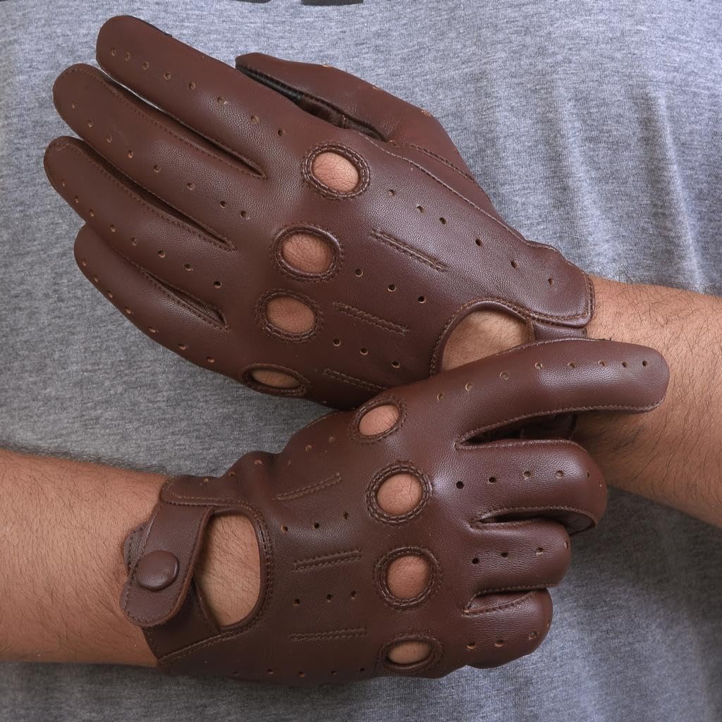FASHIONLUXE Men's & Women’s Touchscreen Genuine Leather Driving Gloves,Classic Knuckle Cut Design,Breathable Fit Gloves(Brown, Extra Large)