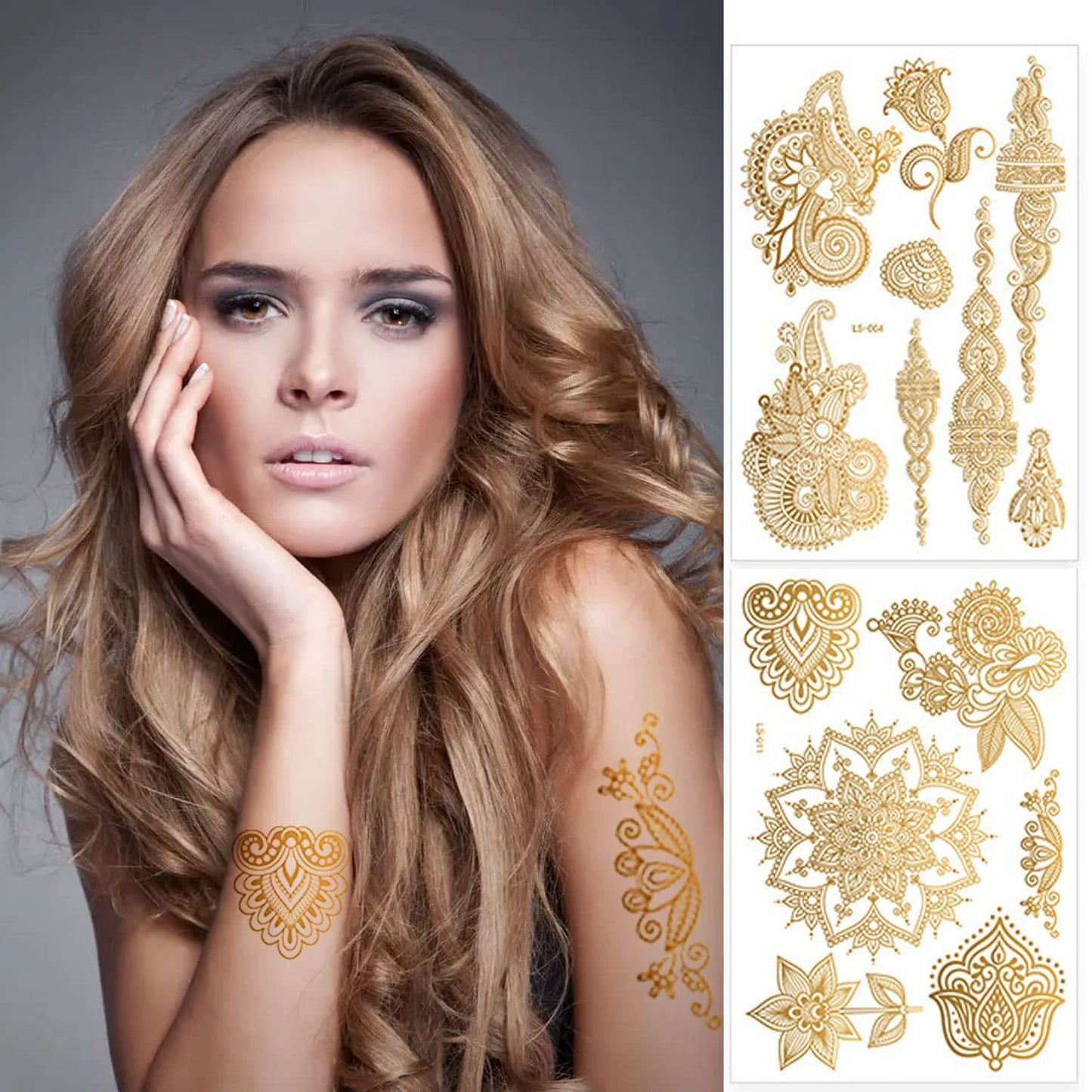 Henna Tattoos, Henna Temporary Tattoos Gold Flower Lace Waterproof Tattoo stickers for Women Wedding Party Festivals, & Parties Decoration Suppliers 6Sheets…