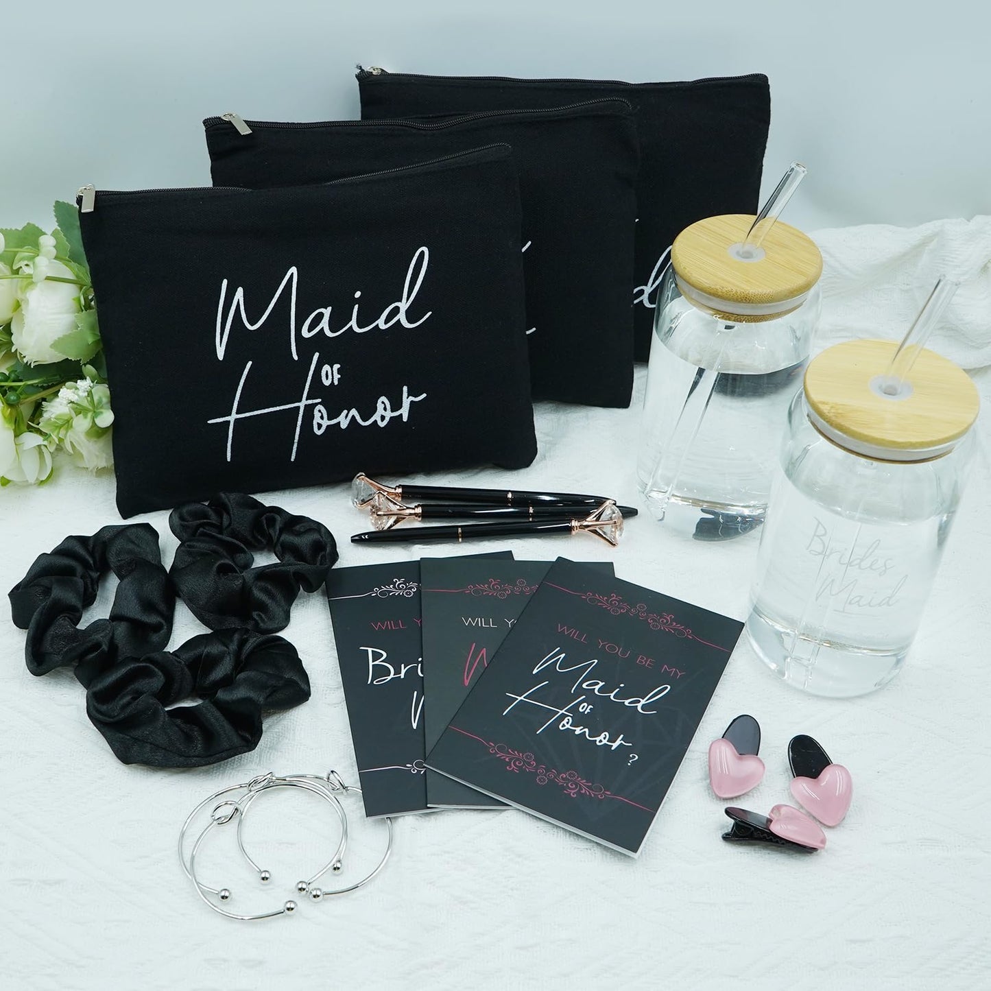 KIKINIKO 56 pcs Bridesmaid Gift Set, Pink: 16oz Glass Cups, Makeup Bags, Invitation Cards, Scrunchies, Hair Bracelets, Diamond Pens, Love Clips - Perfect for Bridesmaids or Special Occasions