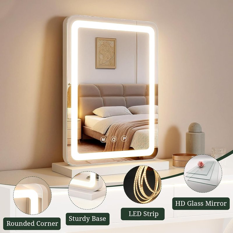 LED Makeup Mirror with Lights - 3-Color Dimmable Lighting, Smart Touch Control | Tabletop Vanity Mirror for Bedroom & Dressing Room