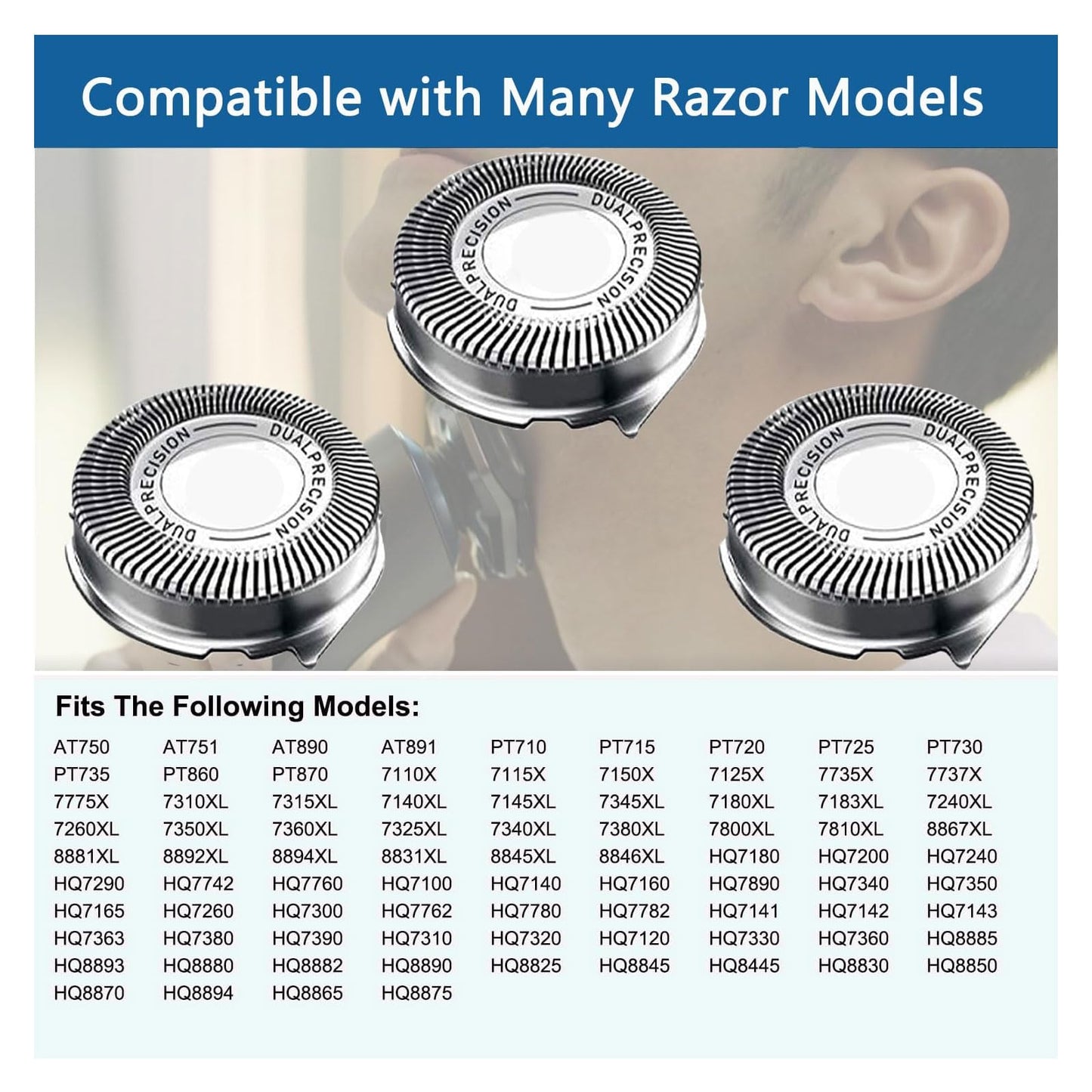Gleway HQ8 Replacement Heads Compatible with Philips Electric Shavers, HQ8 Replacement Razor Blades Fit for Aquatec HQ8 Series Shaving Head, HQ8 Heads Upgraded for PT730 AT880 AT811, 3-Pack