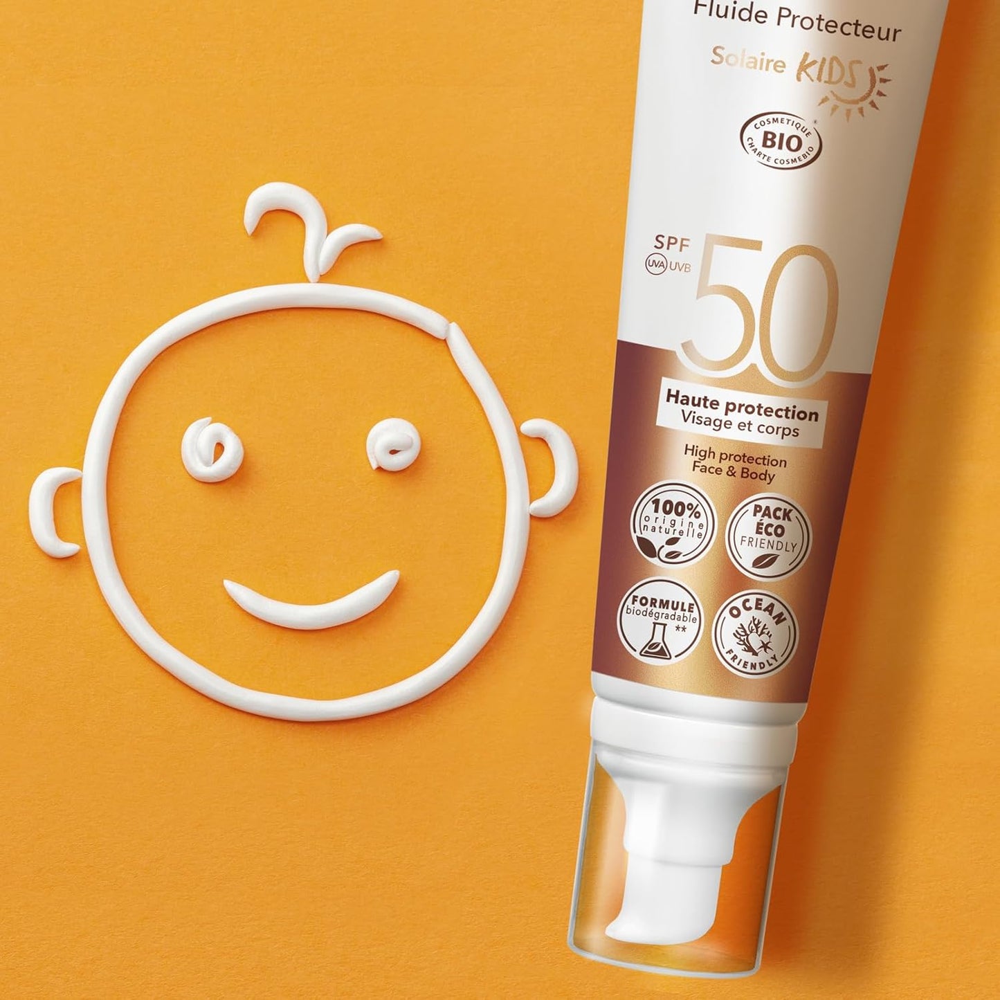 Organic Kids Sunscreen SPF 50 - Fragrance-Free Mineral Face Fluid | Non-Sticky Zinc Oxide - 3.3 oz