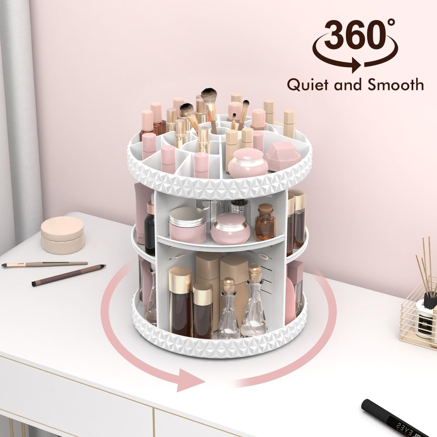 Rosoenvi Rotating Makeup Organizer, Adjustable Vanity Organizer, Large Capacity Cosmetic Display Case for Spinning, Storage Carousel for Bathroom and Vanity Countertop, Diamond Pattern, Large, White