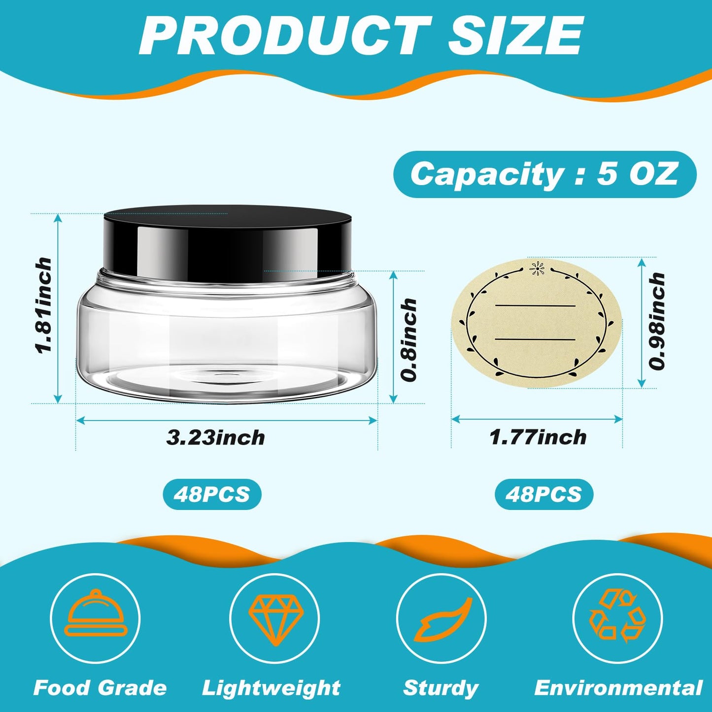 Tessco for you 48 Pack Plastic Jars with Lids Labels Multiuse Slime Containers Empty Body Scrub Jars Round Refillable Cosmetic Body Butter Container for Makeup (5 oz,Clear)