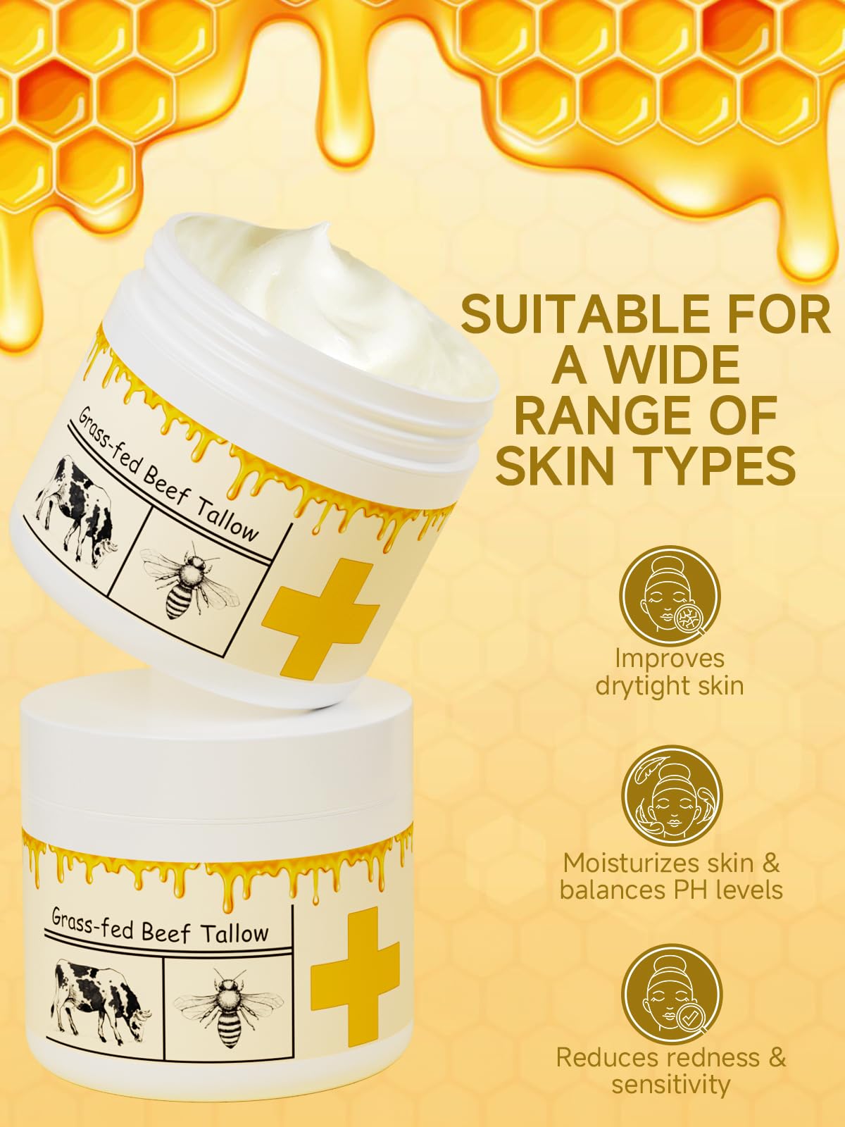 mkzea Beef Tallow for Skin, Beef Tallow, Tallow and Honey Cream, Grass Fed Beef Tallow, Whipped Beef Tallow for Face Moisturizer for All Purpose with Raw Honey Tallow Balm, 2 packs