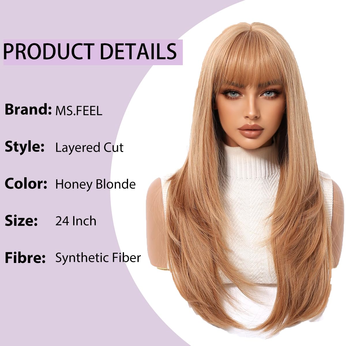 MS.FEEL Wig with Bangs Long Straight Layered Wigs Natural Looking Synthetic Glueless Wigs for Women Daily Party Use 24 Inch (Honey Blonde, 24 Inch)