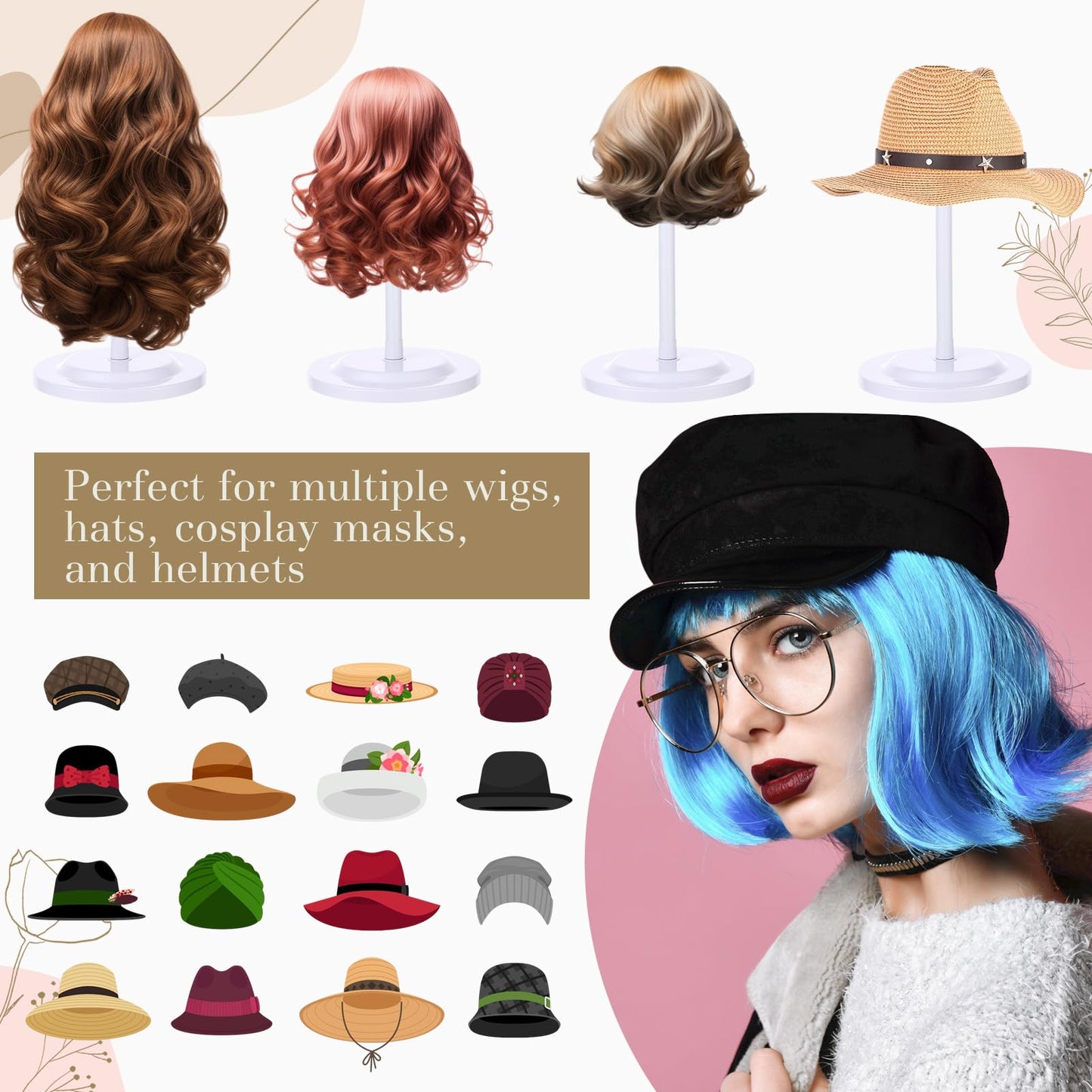 Geelin 4 Pack Wig Stand 9.8"-18.9" Adjustable Height Wig Head Holder Non Slip Portable Hat/cap Display Stand for Multiple Wigs(White)