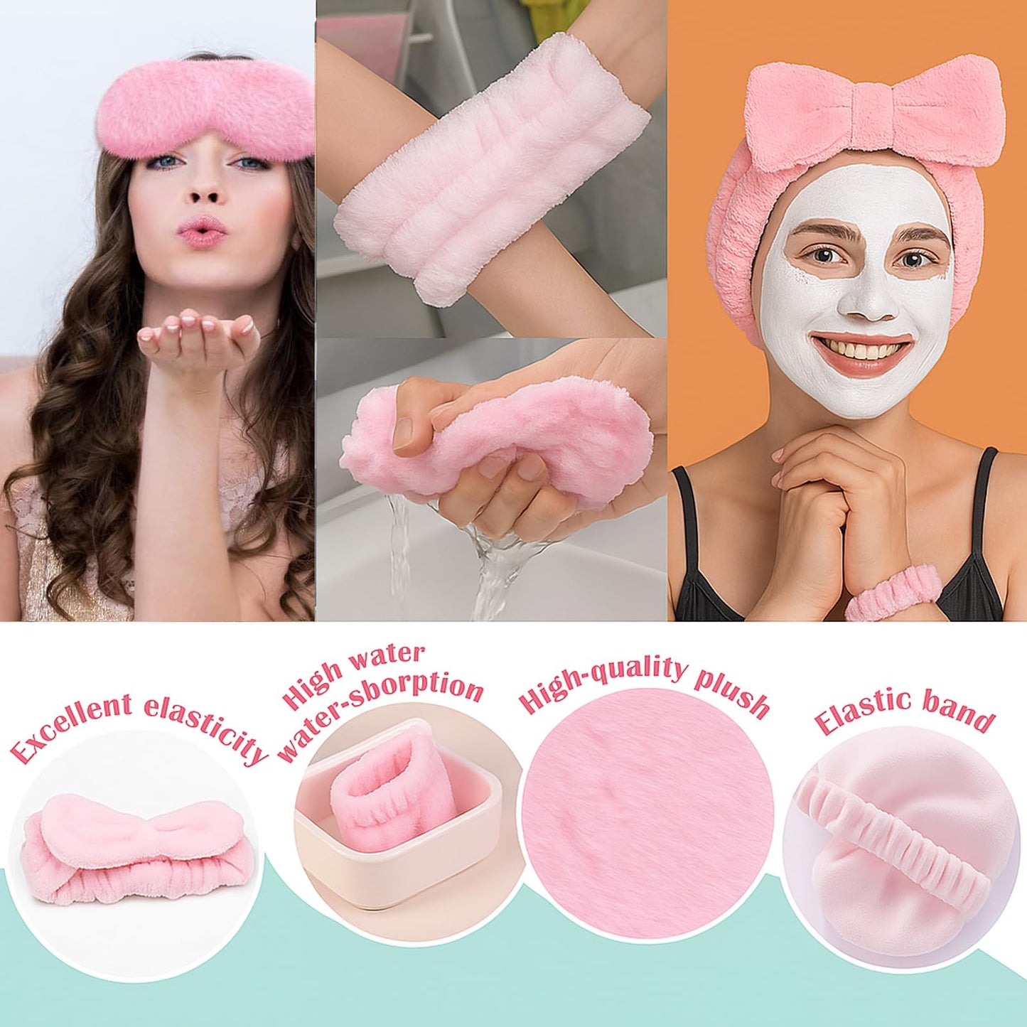 LEFIMOT 36 Pcs Sleepover Party Supplies 12 Pink Spa Headband 6 Pink Plush Sleep Eye Mask 6 Velvet Scrunchies 6 Wristband 6 Clear Cosmetic Bags for Women Slumber Spa Party Favor Gift Skincare Makeup