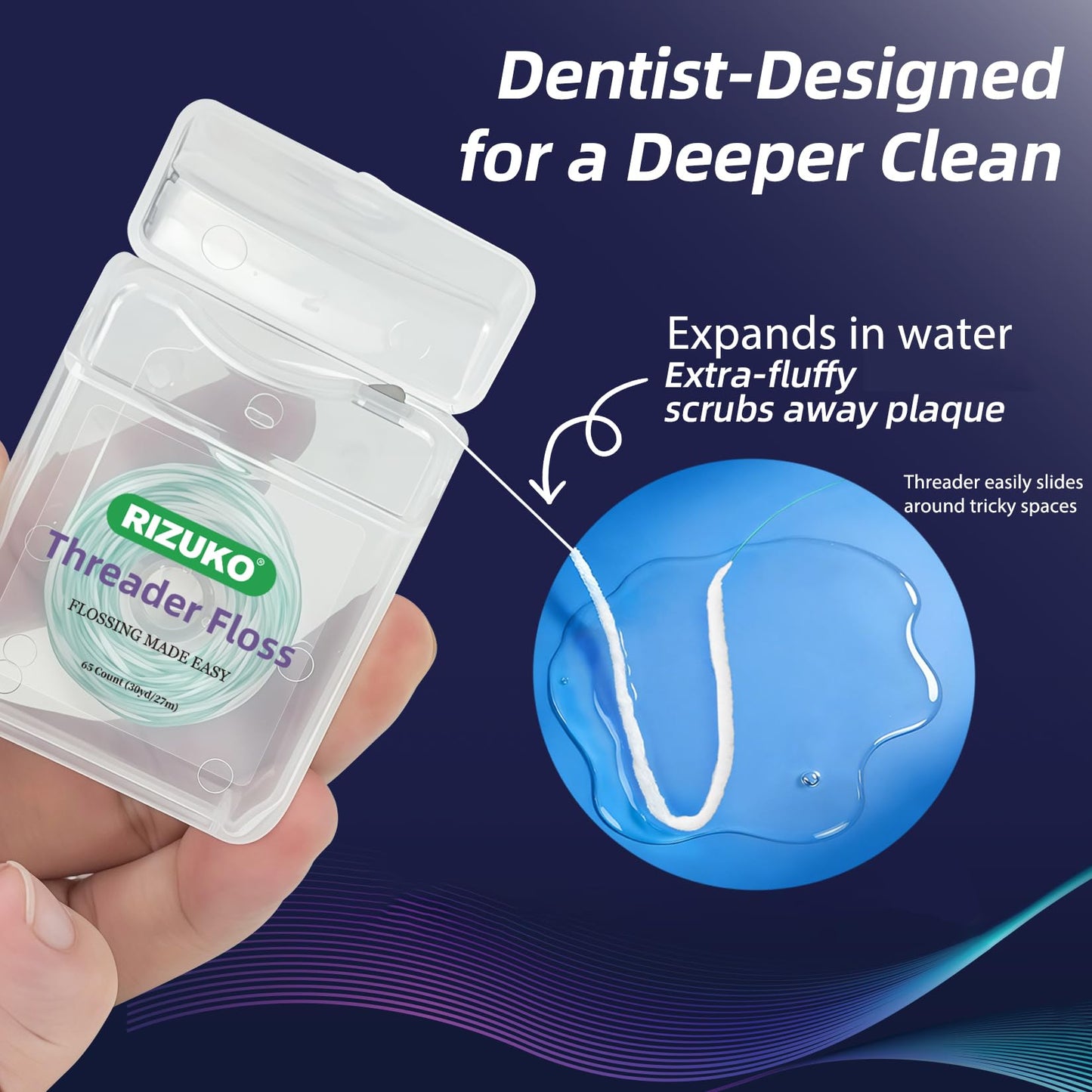 Threader Floss,2-in-1 Dental Floss for Braces, Bridges & Implants,Easy Threading Design,130 Count PTFE & PFAS Free Expanding Floss for Deep Cleaning (65 Count(Pack of 2), Light Mint)
