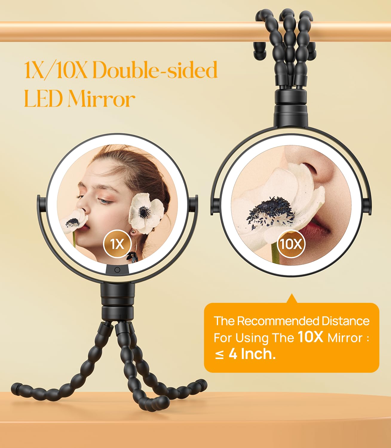 Gospire 5.85” Tripod Travel Makeup Mirror with Lights and Magnification 1X/10X, 4 in 1 Winding Hanging Handheld Tabletop, 3 Light Colors and Adjustable Brightness – Black
