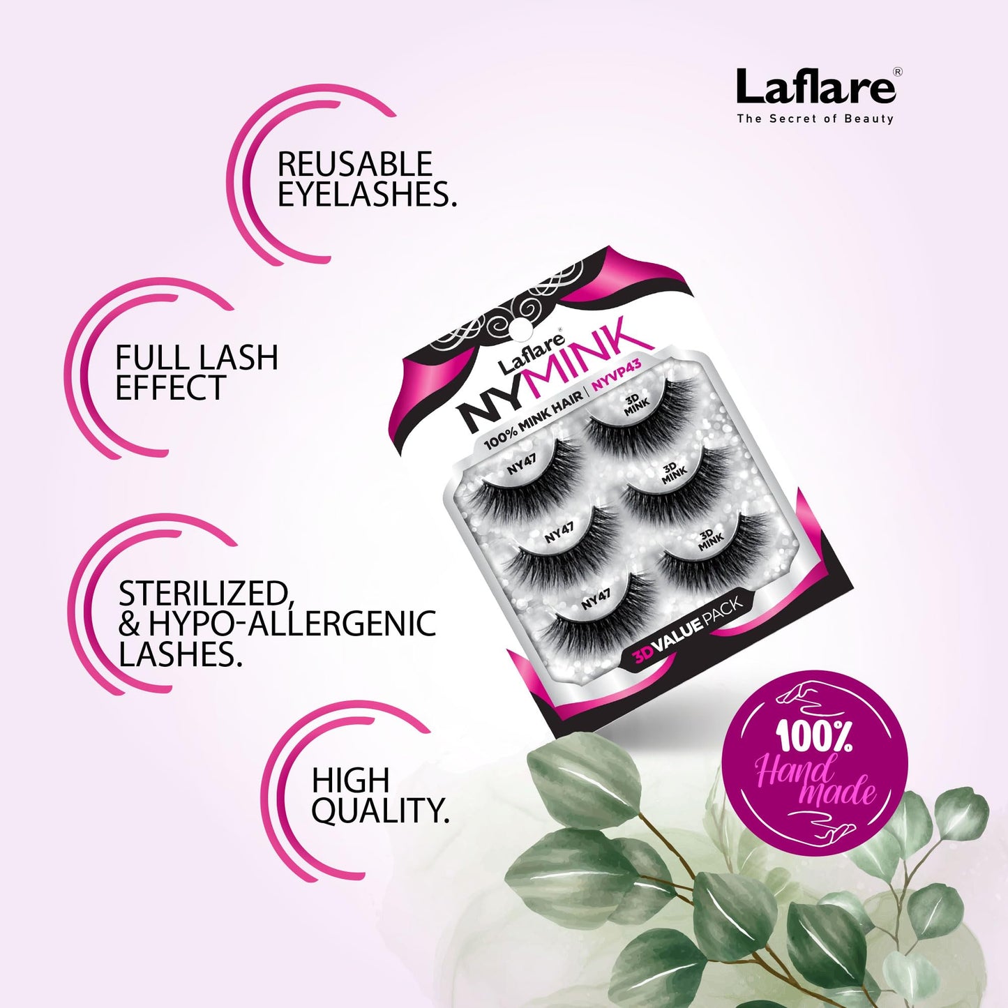 Laflare 100% Real Mink Lashes, 3D NY Mink Eyelashes, Hand-Rowing Natural Long Wispy False Lashes for Luxury Makeup, Natural, Light,Trendy, Reusable (NY52, VALUE PACK)
