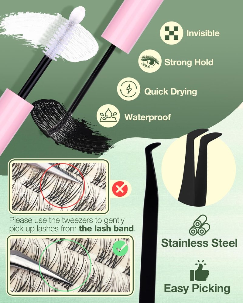 Short Lash Clusters Kit 8-12MM Natural Lash Extension kit Invisible Band Eyelash Clusters Wispy Cluster Eyelash Extensions C Curly DIY Cluster Lashes Bond and Seal Tweezers by Lvmixwig