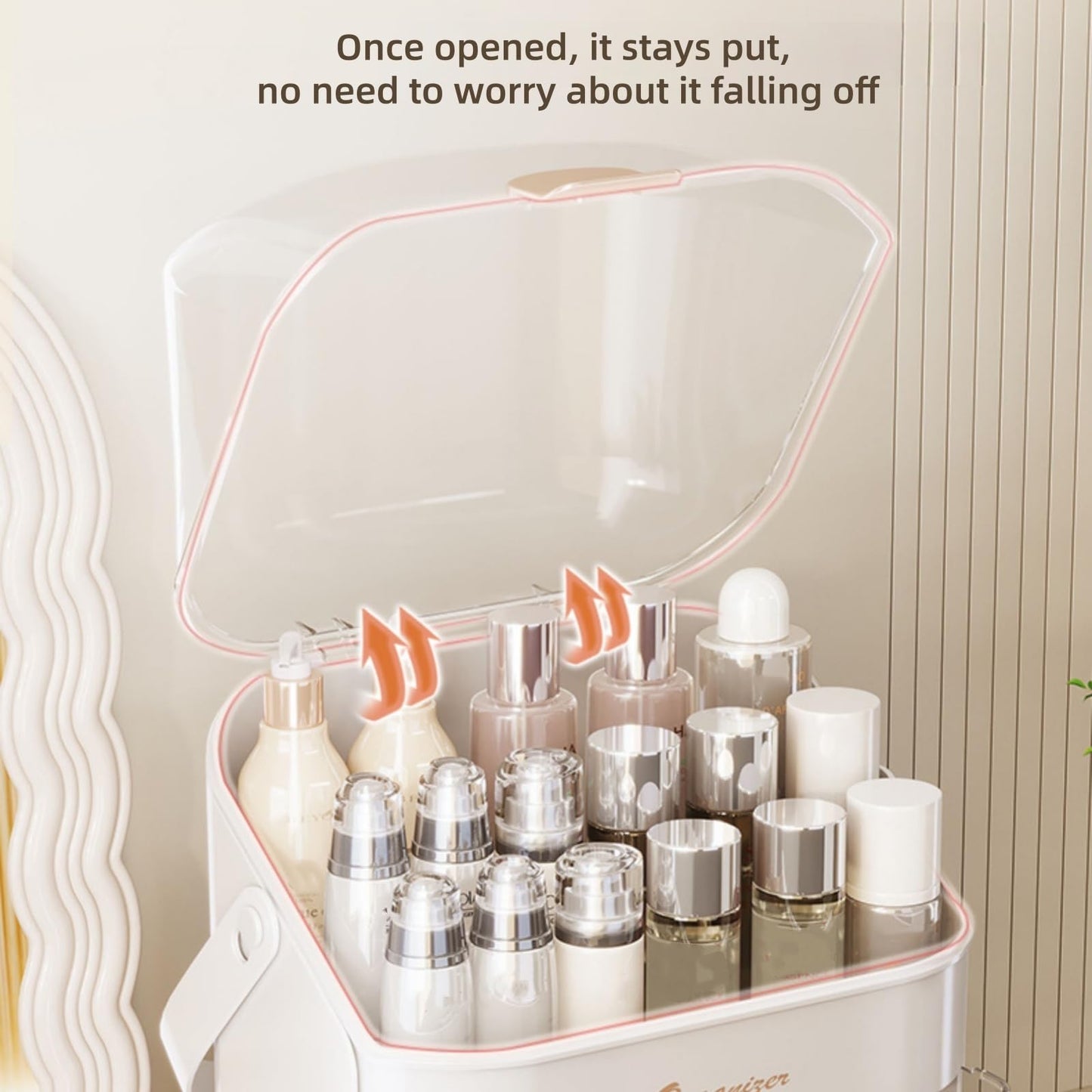 XAIODRAGONSKY Makeup Organizer, Skincare Organizers with Clear Lid & 2 Drawers and 360° Rotating Brush Holder