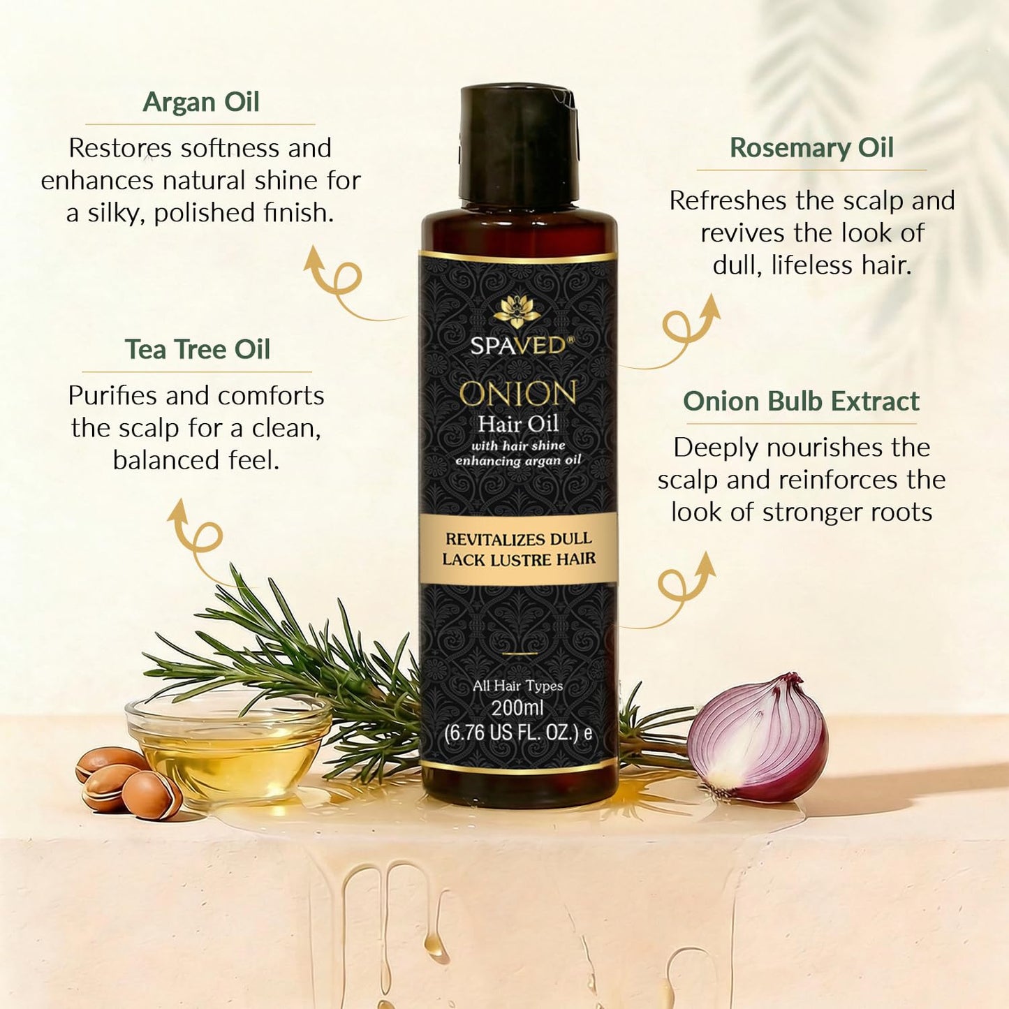 SPAVED Onion Hair Oil for Hair Growth 6.76 fl oz - Rosemary, Tea Tree, Argan & Jojoba Oil for Dry Itchy Scalp & Dandruff Care - Strengthening Nourishing Oil for Frizzy, Stronger Shinier-Looking Hair
