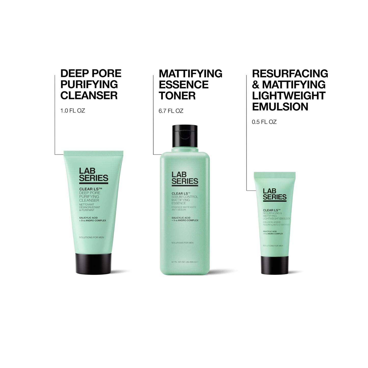 Lab Series Men's Clear LS 3 Step Routine Suitable for Acne Prone Skin - Skin Care Set For Men - Includes Full Size Toner, Travel Size Face Wash & Face Moisturizer