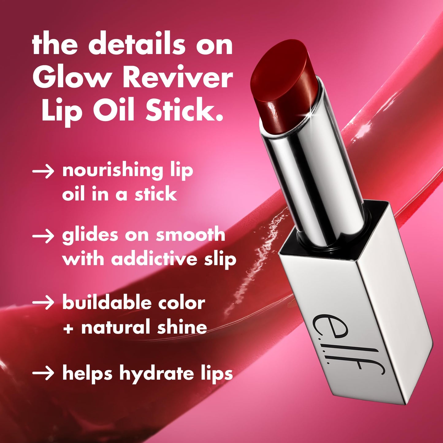 e.l.f. Glow Reviver Lip Oil Stick, Tinted, Non-Sticky & Hydrating For A Soft-Shine Finish, Vegan & Cruelty-Free, Cherry on Top