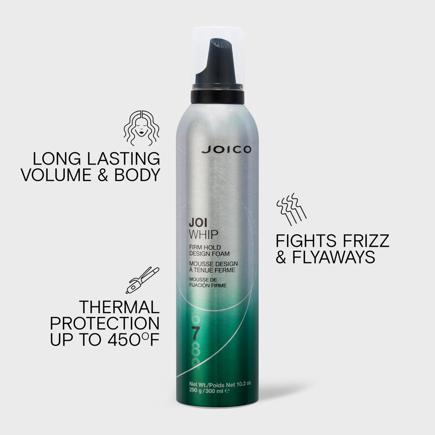 Joico JoiWhip Firm Hold Designing Foam | For Most Hair Types | Add Volume & Body | Boost Shine | Control Frizz & Flyaways | Heat, Humidity, & Pollution Protection | Silicone & Paraben Free | 300mL